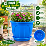 12 Inch Round Plastic Planter with Tray – Blue