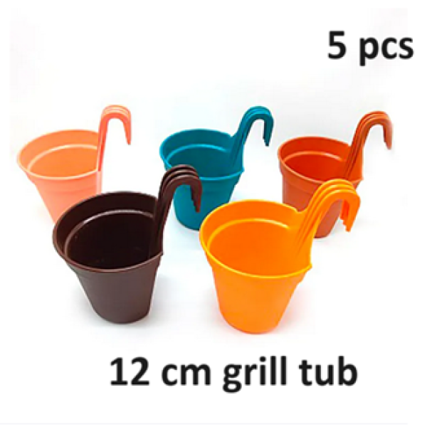 5 Pieces multicolor 12 cm (4.5'') Small Size plastic Grill Planter/Railing Pots/Garden Planter/Hanging Planter for Plants/Flower Tub
