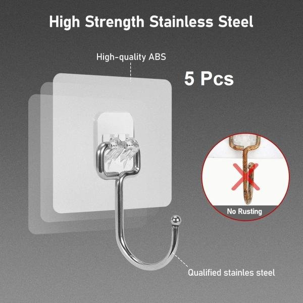 5 Pcs Stainless Steel Multi-Functional Self Adhesive No Drilling nd Coats (5, Steel Hook Single)