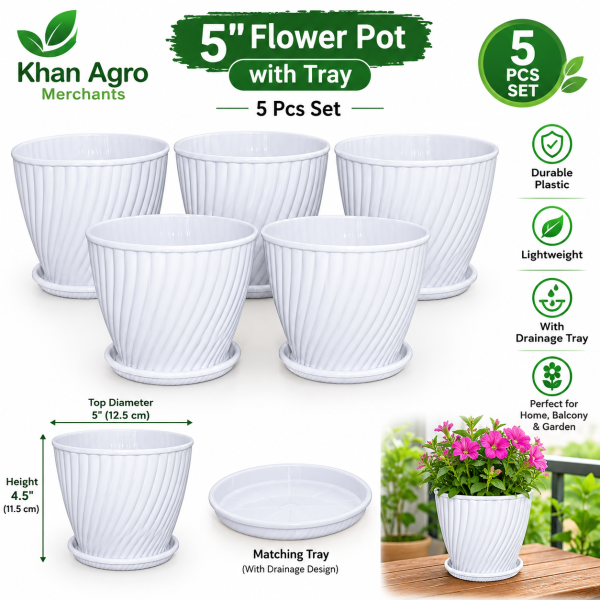 5 Inch Flower Pot with Tray – 5 Pcs Set