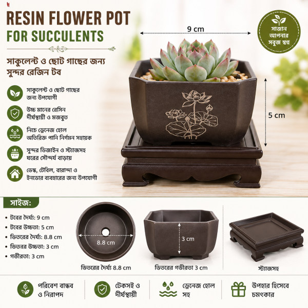 Resin Flower Pot for Succulents – Decorative Desktop Planter with Stand